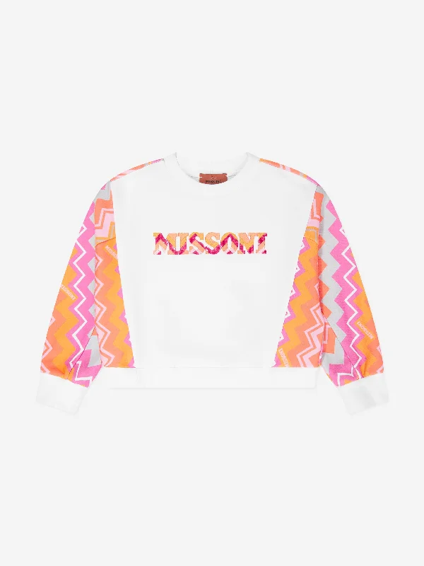 Missoni Girls Zigzag Logo Sweatshirt in White Hoodie with Ribbed Neckline Snug Warm
