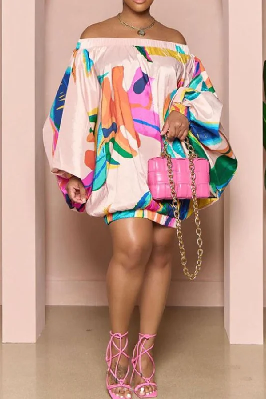 Colorful Leaf Print Smart Off Shoulder Mini Dress Stylish Puff Sleeve Mini Dress