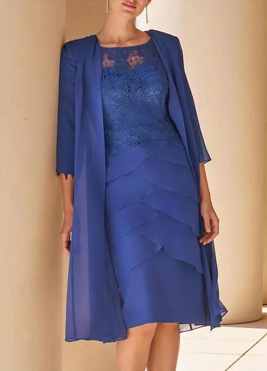 Sheath / Column Mother of the Bride Dress Wedding Guest Jewel Neck Tea Length Chiffon Lace Jacket Dresses with Lace Cascading Ruffles Elasticated Jacket Padded Jacket Insulated Jacket Sheath / Column Mother of the Bride Dress Wedding Guest Jewel Neck Tea Length Chiffon Lace Jacket Dresses with Lace Cascading Ruffles Elasticated Jacket Padded Jacket Insulated Jacket
