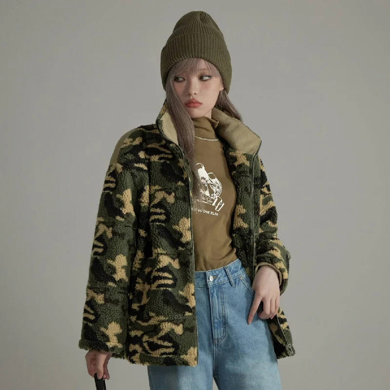 Camouflage Fleece Zip-Up Jacket Welt Pockets Slit Pockets Flap Pockets