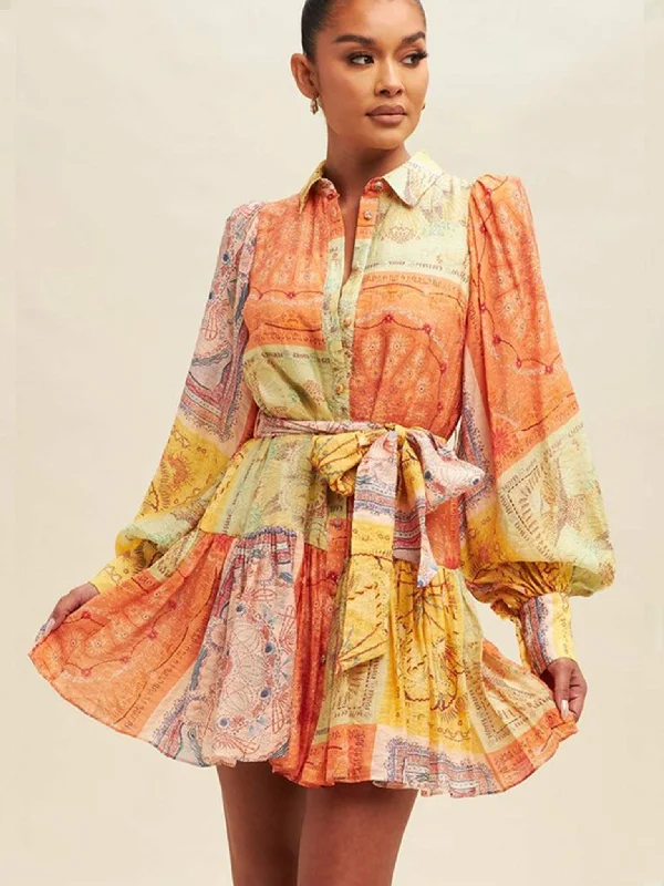 Orange Solstice Ballon Sleeve Belted Dress Tunics Trousers formal