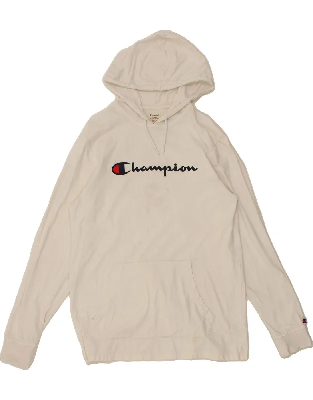 CHAMPION Womens Graphic Hoodie Jumper UK 14 Medium Off White Cotton Hoodie with Full-Zip Functional Layering CHAMPION Womens Graphic Hoodie Jumper UK 14 Medium Off White Cotton Hoodie with Full-Zip Functional Layering