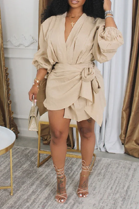 Solid Color Urban Lace-Up Irregular Mini Dress Trendy Mini Dress with Belt