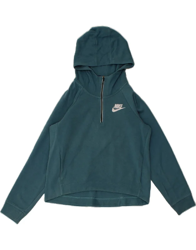 NIKE Womens Oversized Zip Neck Hoodie Jumper UK 10 Small Blue Cotton Hoodie with Drawstring Waist Adjustable Fitted NIKE Womens Oversized Zip Neck Hoodie Jumper UK 10 Small Blue Cotton Hoodie with Drawstring Waist Adjustable Fitted