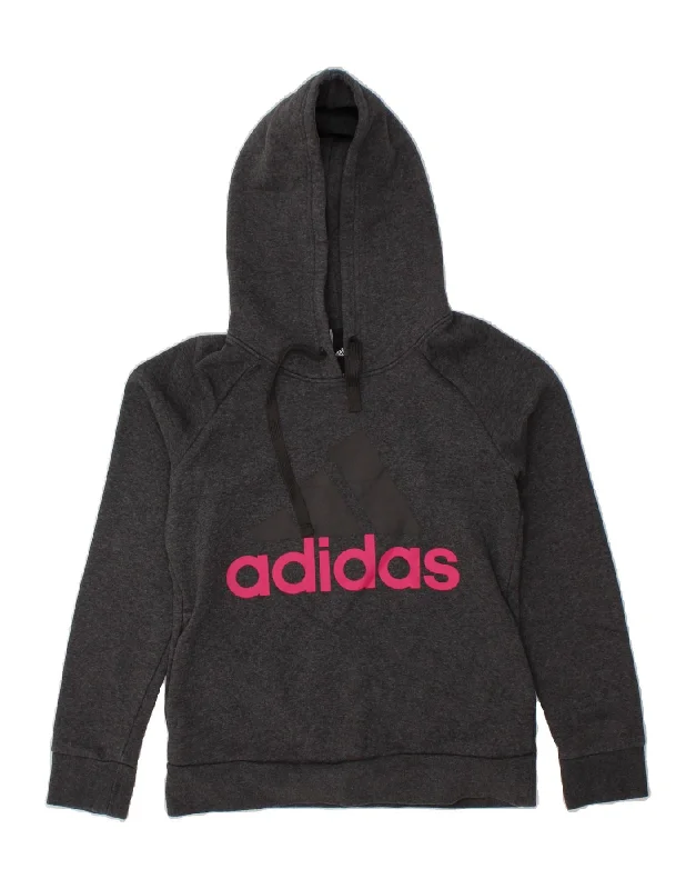 ADIDAS Womens Graphic Hoodie Jumper UK 12/14 Medium Grey Cotton Hoodie with Raw Hem Edgy Unfinished ADIDAS Womens Graphic Hoodie Jumper UK 12/14 Medium Grey Cotton Hoodie with Raw Hem Edgy Unfinished
