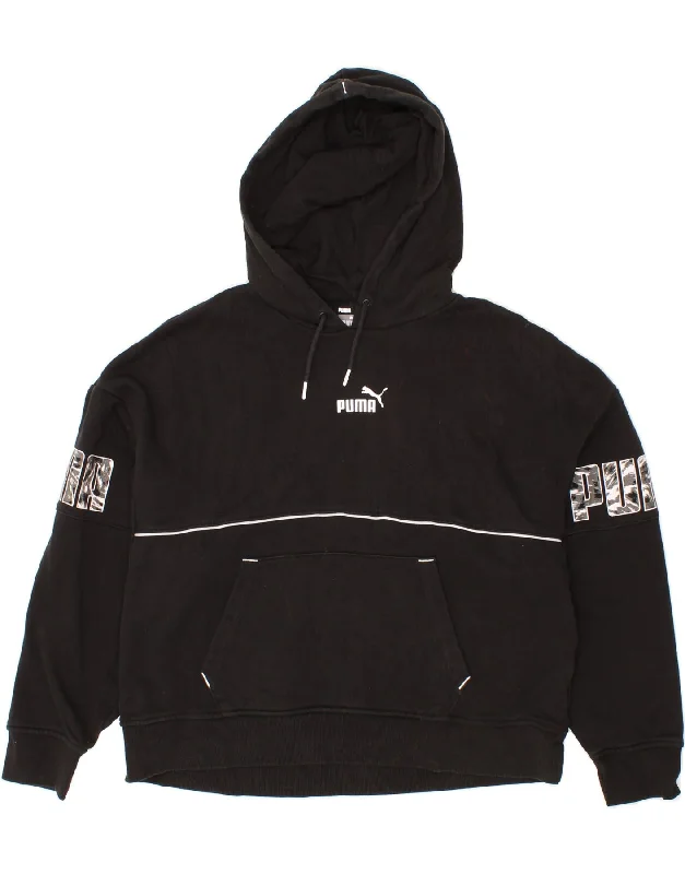 PUMA Womens Graphic Hoodie Jumper UK 16 Large Black Cotton Hoodie with Pastel Soft Subtle