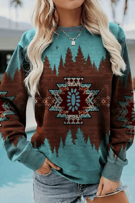 Women's Retro Western Geometric Print Casual Sweatshirt Hoodie with Drawcord Adjustable Secure
