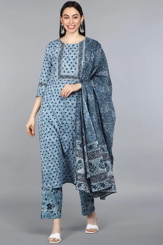 Ahika Blue Pure Cotton Straight Kurta Pant With Dupatta Classic Pleated Pants
