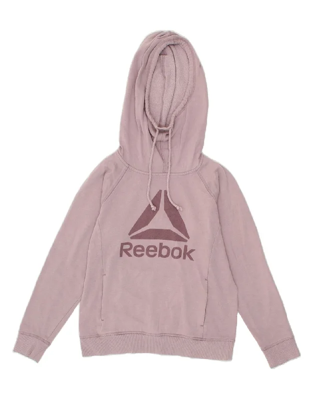 REEBOK Womens Oversized Graphic Hoodie Jumper UK 6 XS Purple Cotton Hoodie with Slit Hem Functional Movement REEBOK Womens Oversized Graphic Hoodie Jumper UK 6 XS Purple Cotton Hoodie with Slit Hem Functional Movement