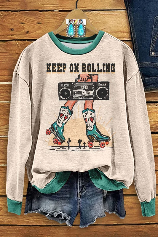 Western Keep On Rolling Printed Sweatshirt Hoodie with Hem Lace Feminine Delicate