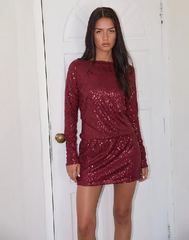 Jasilia Long Sleeve Mini Dress in Gauzy Sequin Red Trendy Lace Mini Dress