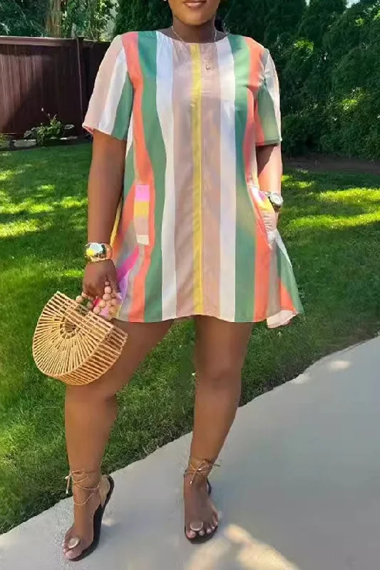 Multicolor Striped Chic Round Neck Pocket Mini Dress Elegant Lace-Up Mini Dress