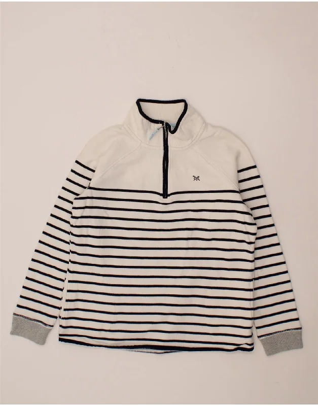 CREW CLOTHING Womens Zip Neck Sweatshirt Jumper UK 12 Medium White Striped Hoodie with Raw Hem Edgy Unfinished CREW CLOTHING Womens Zip Neck Sweatshirt Jumper UK 12 Medium White Striped Hoodie with Raw Hem Edgy Unfinished