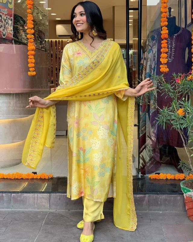 Malishka Women's Embroidered Viscose Muslin Kurti With Pant & Dupatta Set - Yellow Fashionable Sporty Pants Malishka Women's Embroidered Viscose Muslin Kurti With Pant & Dupatta Set - Yellow Fashionable Sporty Pants