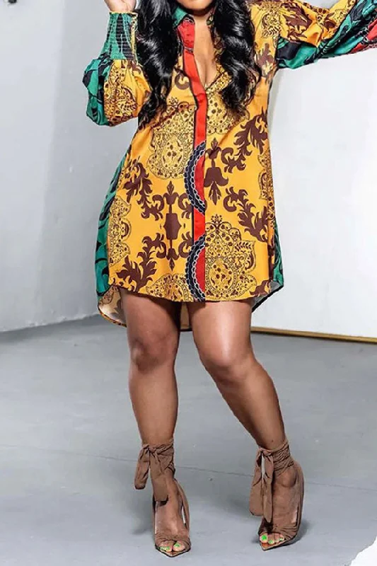 Graphic Print Retro Single Breasted Mini Dress Cozy A-Line Mini Dress