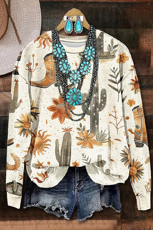 Western Boots Cactus Print Sweatshirt Hoodie Sweatshirt Pullover