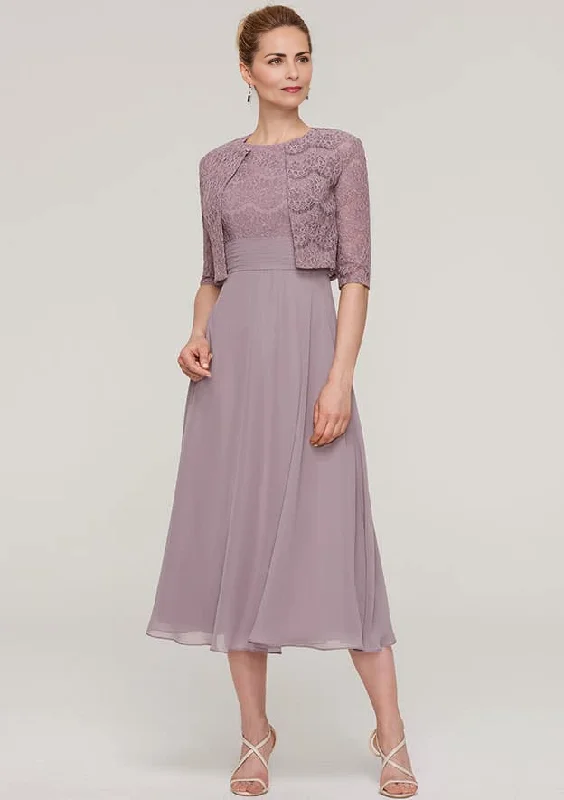 A-line/Princess Scoop Neck Sleeveless Tea-Length Chiffon Mother of the Bride Dress With Lace Jacket Stand-Up Collar Roll-Neck Collar Turtle Neck A-line/Princess Scoop Neck Sleeveless Tea-Length Chiffon Mother of the Bride Dress With Lace Jacket Stand-Up Collar Roll-Neck Collar Turtle Neck