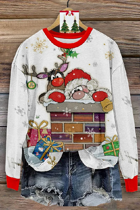 Santa Roof Long Sleeve Sweatshirt Hoodie with Rolled Sleeves Casual Relaxed