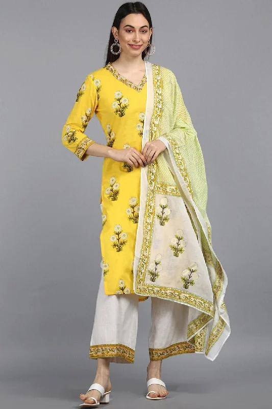 Ahika Cotton Yellow Ethnic Motifs Printed Straight Kurta Pant Dupatta Set Chic Black Leggings