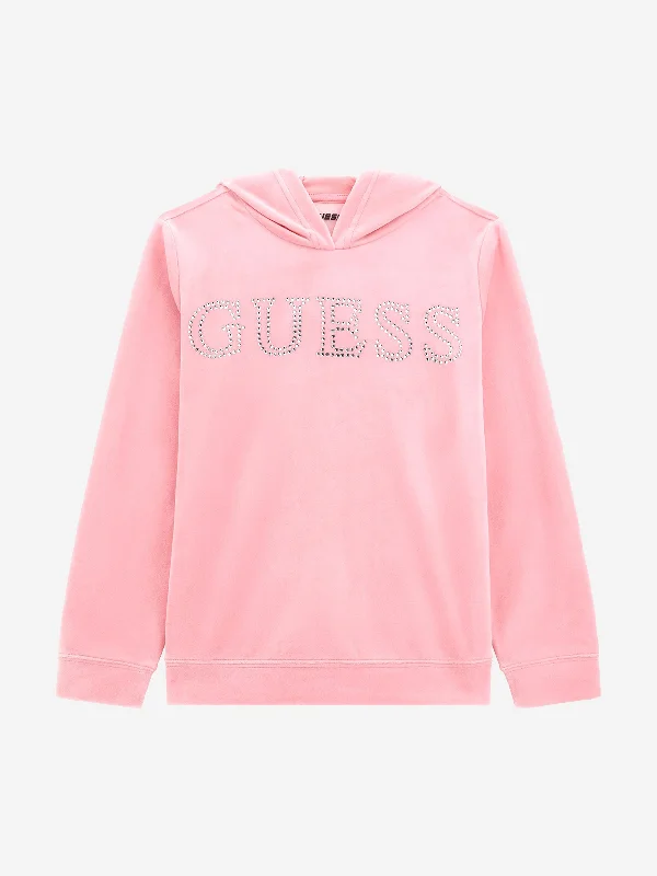 Guess Girls Logo Hoodie in Pink Hoodie with Frayed Bohemian Relaxed