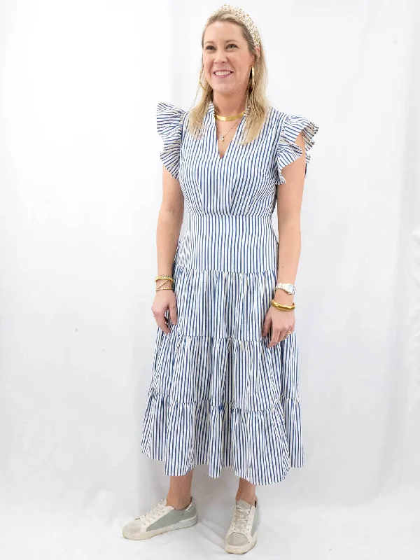 Striped Open Back Midi Flutter Sleeve Dress Tunics Practical durable