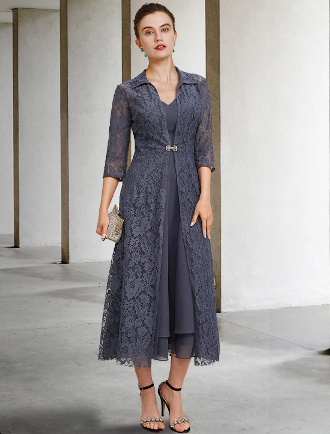 A-Line Mother of the Bride Dress Elegant V Neck Tea Length Chiffon Lace Sleeveless Jacket Dresses with Tier Solid Color Stand-Up Collar Roll-Neck Collar Turtle Neck A-Line Mother of the Bride Dress Elegant V Neck Tea Length Chiffon Lace Sleeveless Jacket Dresses with Tier Solid Color Stand-Up Collar Roll-Neck Collar Turtle Neck