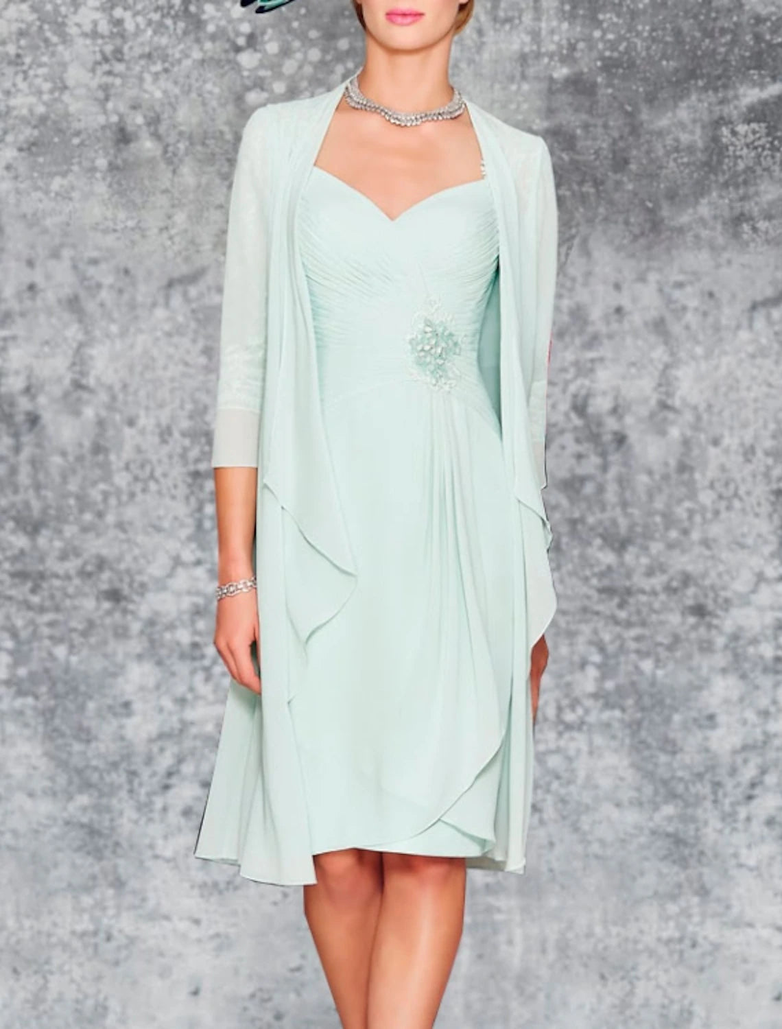 Two Piece Sheath / Column Mother of the Bride Dress Wedding Guest Church Plus Size Elegant Sweetheart Knee Length Chiffon Lace 3/4 Length Sleeve Wrap Included Jacket Dresses with Pleats Embroidery Embroidered Jacket Appliqued Jacket Beaded Jacket Two Piece Sheath / Column Mother of the Bride Dress Wedding Guest Church Plus Size Elegant Sweetheart Knee Length Chiffon Lace 3/4 Length Sleeve Wrap Included Jacket Dresses with Pleats Embroidery Embroidered Jacket Appliqued Jacket Beaded Jacket