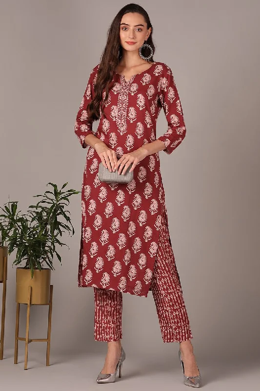 Ahika Mauve Cotton Blend Straight Paisley Kurta With Pant Elegant Palazzo Trousers
