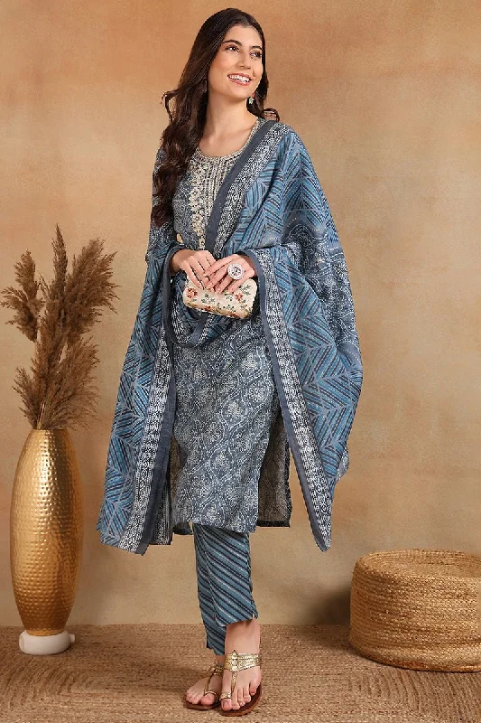 Ahika Grey Silk Blend Straight Kurta Pant With Dupatta Comfortable Denim Pants