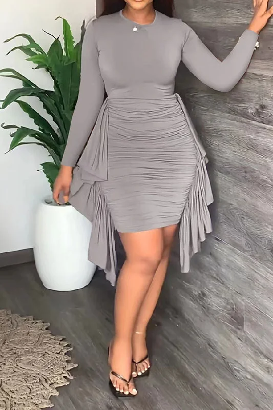 Solid Color Glamorous Side Ruffle Mini Dress Comfortable Boho Mini Dress