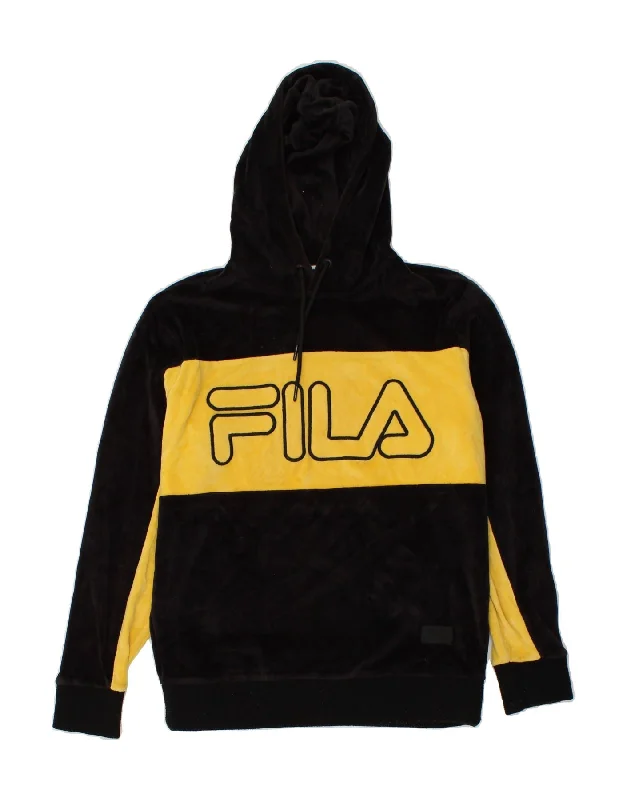 FILA Womens Graphic Hoodie Jumper UK 14 Medium Black Colourblock Cotton Hoodie with Fur Luxurious Winter