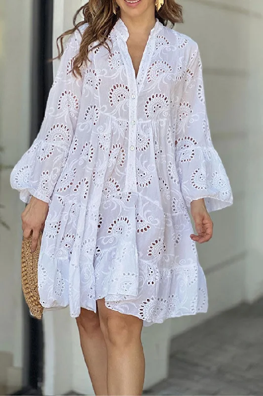 Lace Hollow-Out Sweet Ruffle Mini Dress Elegant Lace Mini Dress
