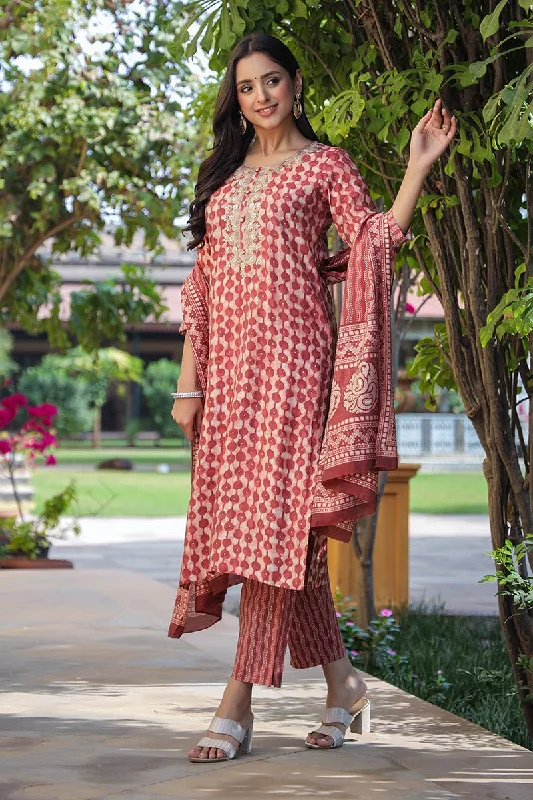 Ahika Red Silk Blend Embroidered Geometric Printed Kurta Pant With Dupatta Classic Straight-Leg Pants Ahika Red Silk Blend Embroidered Geometric Printed Kurta Pant With Dupatta Classic Straight-Leg Pants