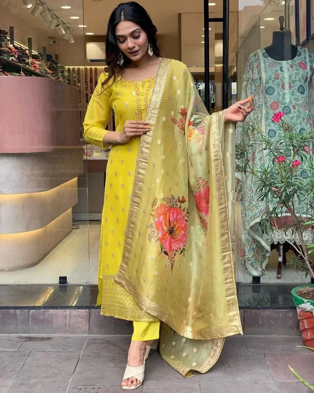 Malishka Women's Embroidered Viscose organza Kurti With Pant & Dupatta Set - Yellow Casual Wide Pants Malishka Women's Embroidered Viscose organza Kurti With Pant & Dupatta Set - Yellow Casual Wide Pants