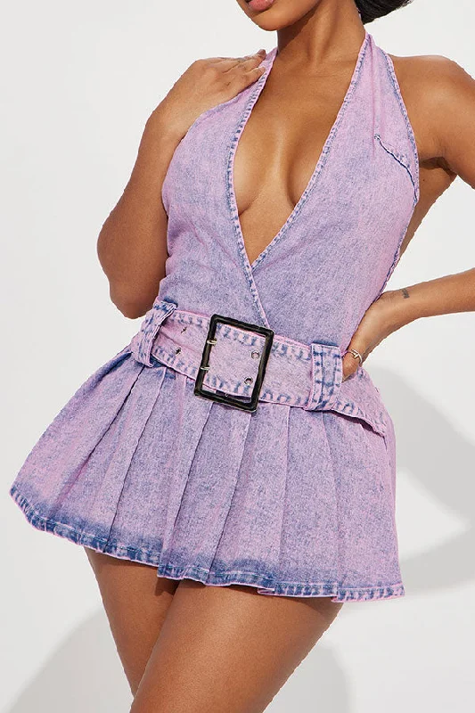 Purple Halter Collar Flattering Pleated Denim Mini Dress Trendy Button-Detail Mini Dress