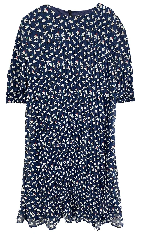 Navy Pleated Bird Print Dress D1329 Tunics Versatile functional