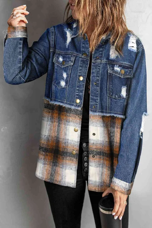 Plaid Distressed Raw Hem Snap Down Denim Jacket Lace Jacket Ribbed Jacket Sequined Jacket
