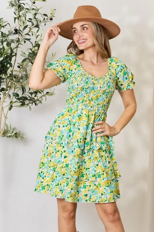 Smocked Scoop Neck Flounce Sleeve Mini Dress Chic Halter Mini Dress