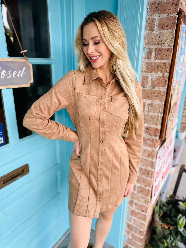 In the Pines Faux Suede Mini Dress- Tan Trendy Cut-Out Mini Dress