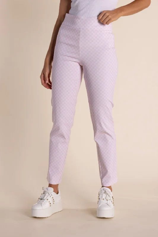 7/8 Gingham Pull On Pant | Pink Rose/White Trendy Wide-Leg Pants