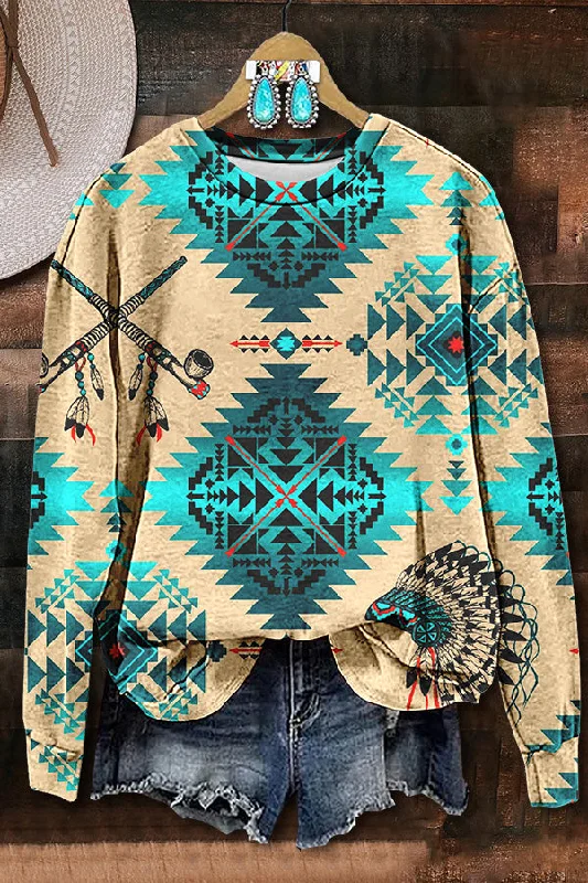 Ethnic Turquoise Print Sweatshirt Hoodie with Hem Elastic Stretchable Comfortable