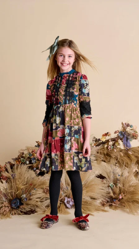 Multicolored Floral Design Lace Sleeve Dress 1526-B Tunics Sophisticated sleek
