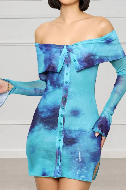 Tie Dye Off Shoulder Casual Button Down Mini Dress Fashionable Off-Shoulder Mini Dress