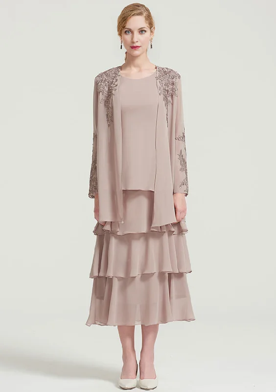 Scoop Neck Sleeveless Tea-Length Chiffon Mother of the Bride Dress With Jacket Ruffles Appliqued Chenille Jacket Brocade Jacket Lace Jacket Scoop Neck Sleeveless Tea-Length Chiffon Mother of the Bride Dress With Jacket Ruffles Appliqued Chenille Jacket Brocade Jacket Lace Jacket