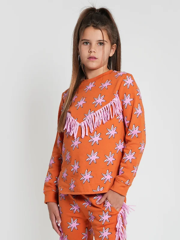 Stella McCartney Girls Fringed Sweatshirt in Orange Hoodie with Full-Zip Functional Layering Stella McCartney Girls Fringed Sweatshirt in Orange Hoodie with Full-Zip Functional Layering