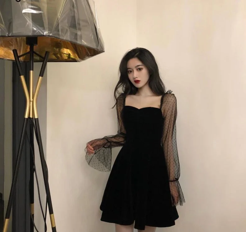 Wjczt Long Sleeve Dress Women Korean-style Vintage Elegant Mesh Square-collar Club-wear Mini Dresses Sexy Lady A-line High-waist Slim Cozy A-Line Mini Dress