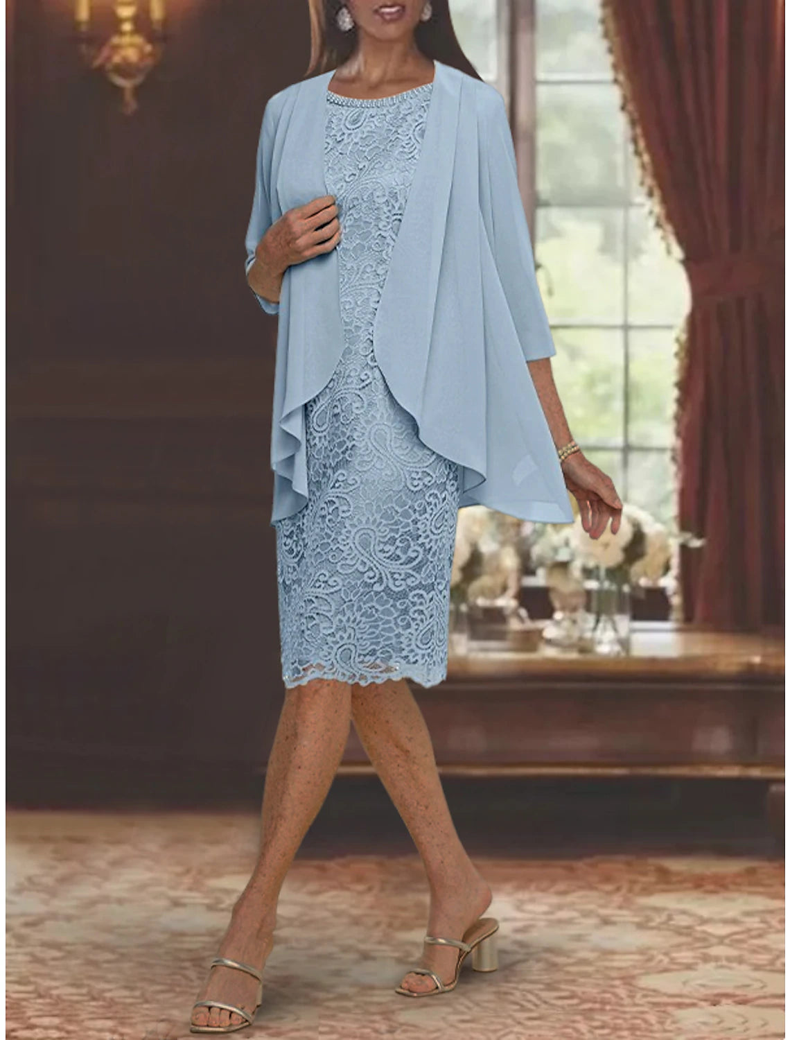 Two Piece Sheath / Column Mother of the Bride Dress Formal Wedding Guest Elegant Jewel Neck Tea Length Lace 3/4 Length Sleeve Jacket Dresses with Beading Appliques Plaid Jacket Tartan Jacket Houndstooth Jacket Two Piece Sheath / Column Mother of the Bride Dress Formal Wedding Guest Elegant Jewel Neck Tea Length Lace 3/4 Length Sleeve Jacket Dresses with Beading Appliques Plaid Jacket Tartan Jacket Houndstooth Jacket