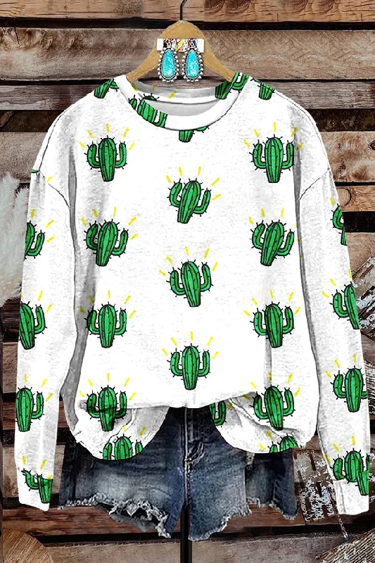 Cute Cactus Print Sweatshirt Hoodie with Hem Embroidery Detailed Premium