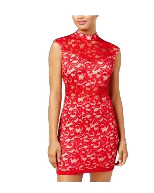 B. DARLIN Womens Junior Lace Illusion Mock Neck Mini Dress (Red, 15/16) Fashionable Boho-Chic Mini Dress