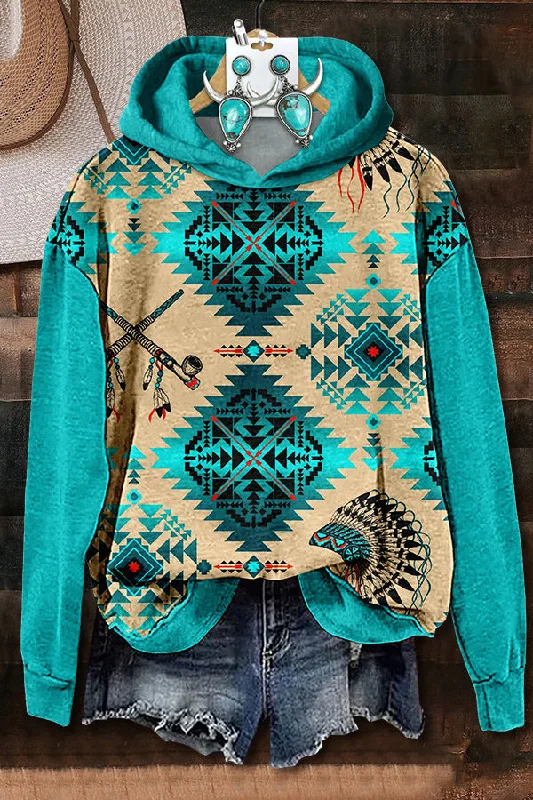 Turquoise Aztec Printed Hoodie Hoodie with Rhinestones Sparkly Elegant